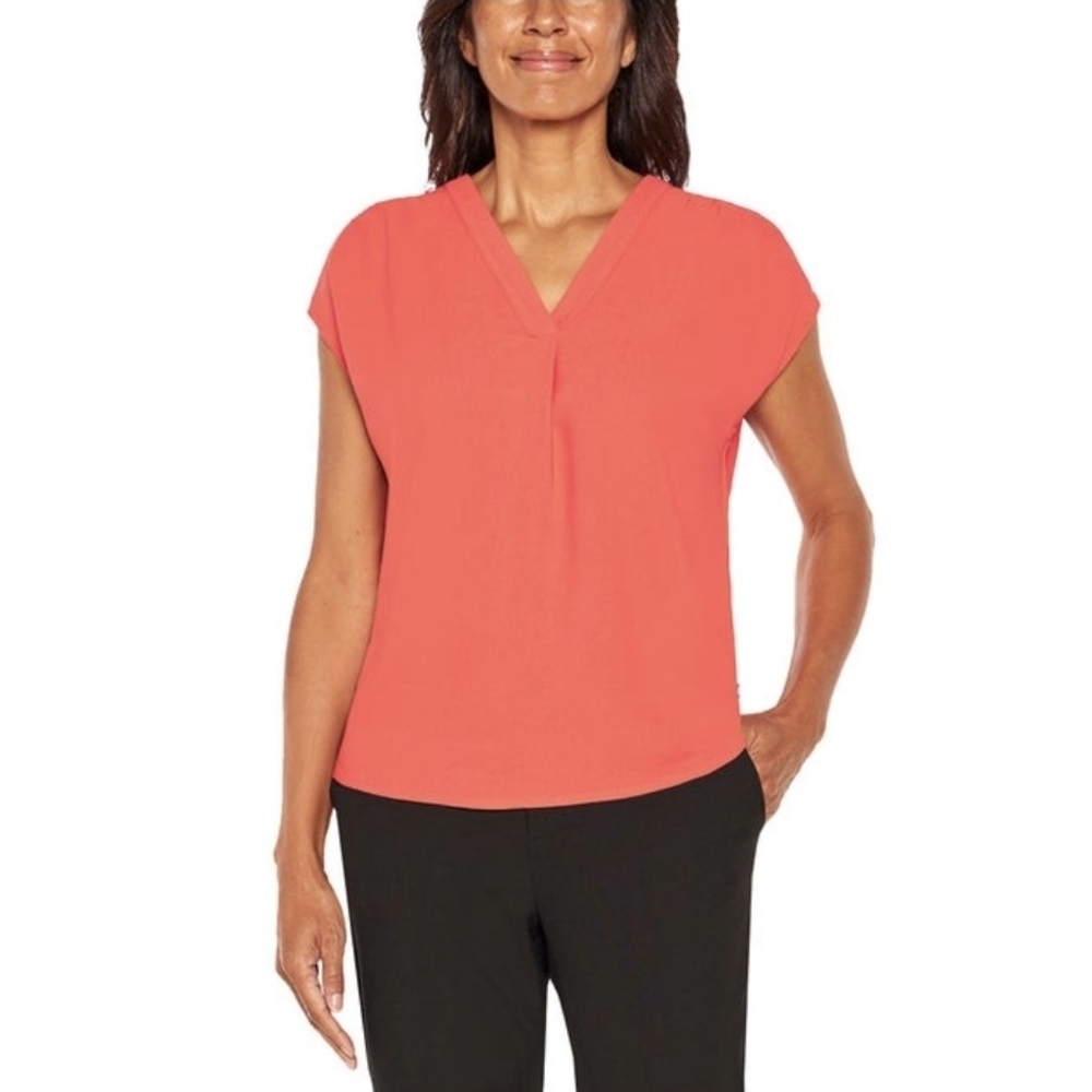 Banana Republic Coral Orange V-Neck Blouse | Short Sleeve | Size M